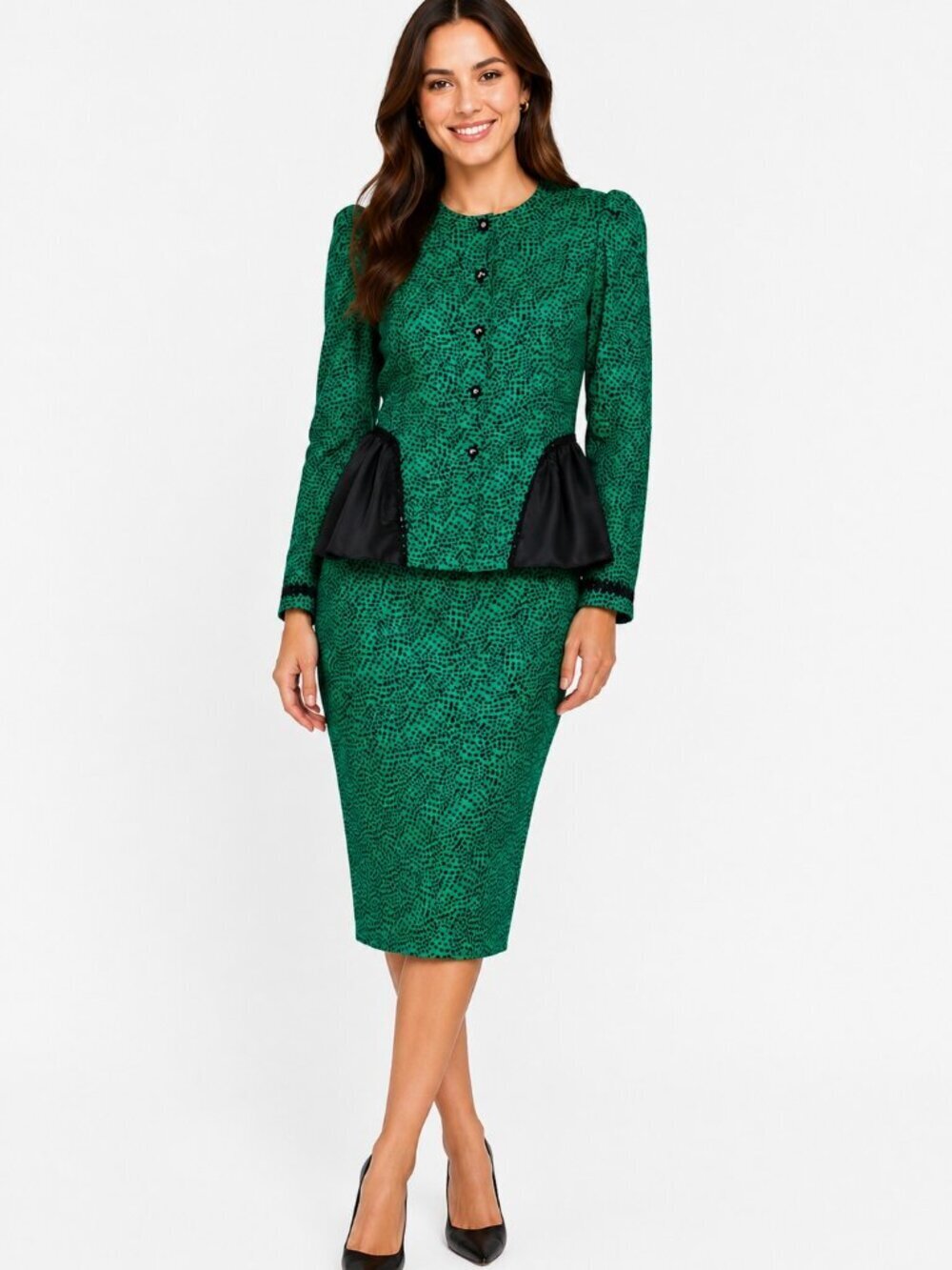 Vintage Green Black Satin Jacquard Embellished Jacket & Skirt Suit